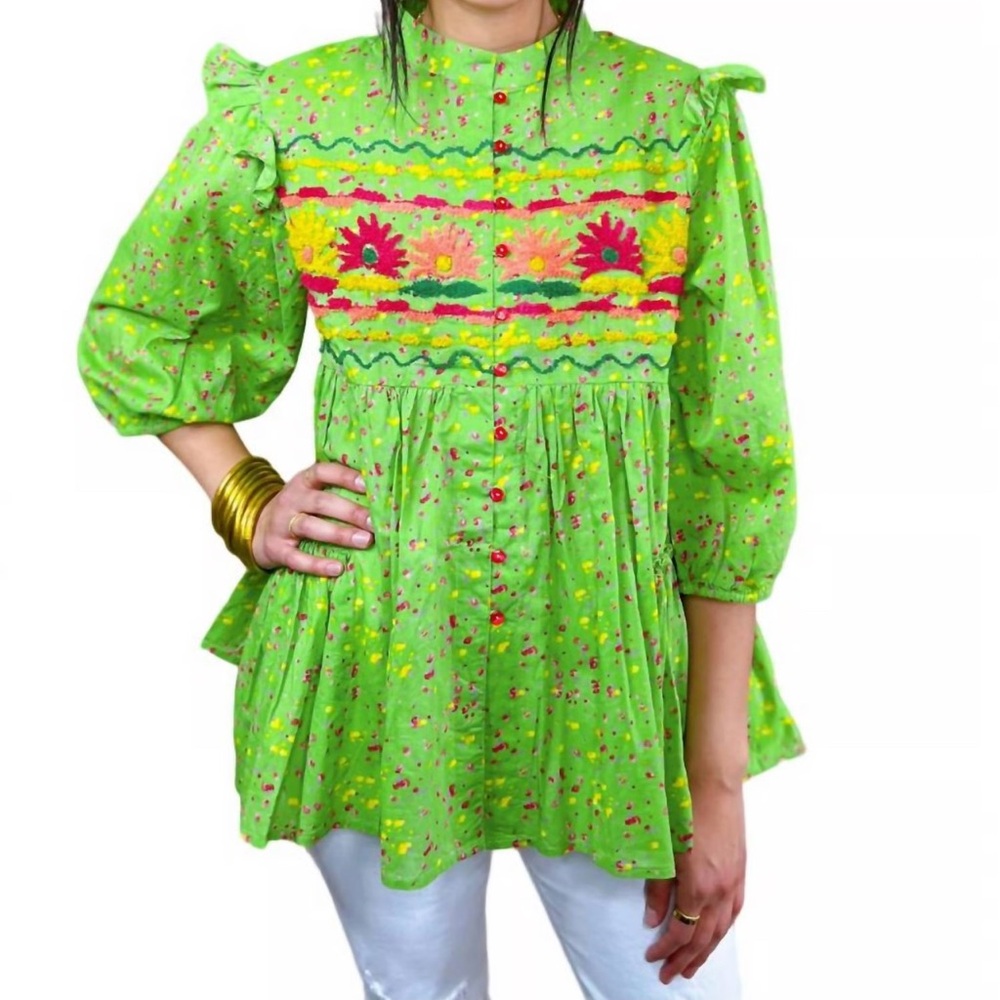 Bright Green Floral Embroidered Peasant Blouse